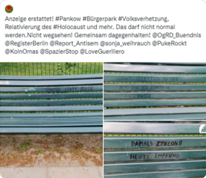 Im Pankower Bürgerpark mit Nazi-Parolen beschmierte Bänke